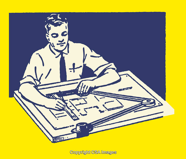 Architectural Draftsman Creating Blueprint Using Traditional Tools on Drawing Table