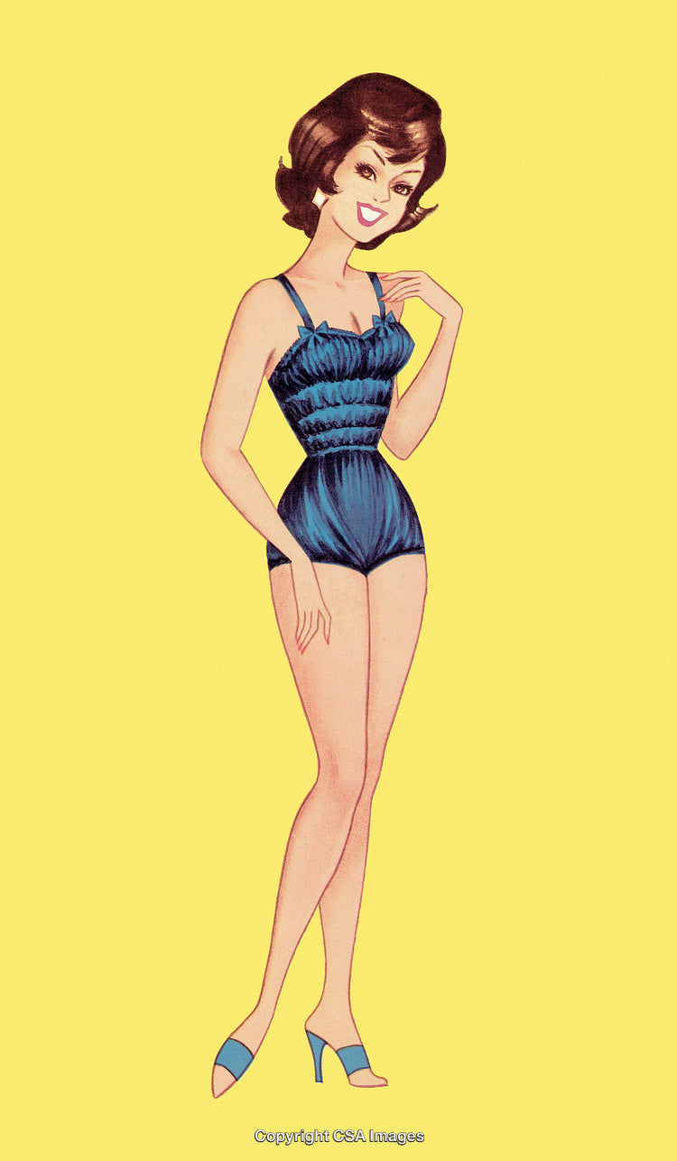 Retro Illustration of Woman in Blue Swimsuit on Yellow Background