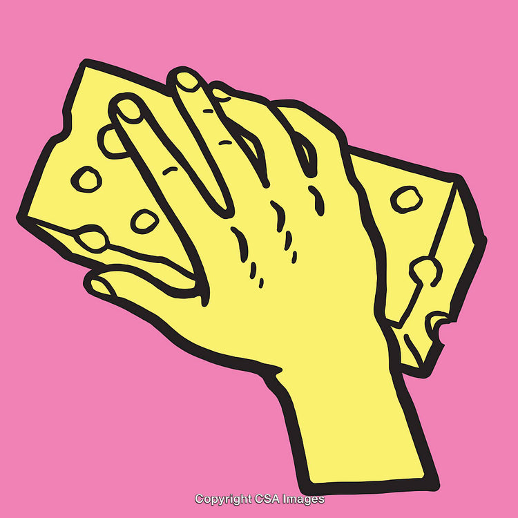 Bright Line Art of Hand Holding Cheese Against Vibrant Pink Background