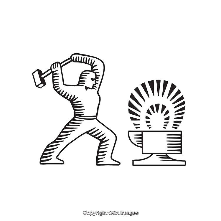 Black and White Line Art of Worker and Industrial Machine