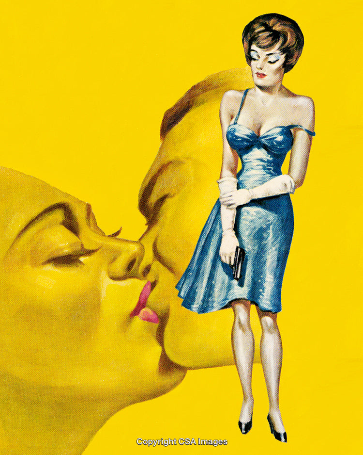 Vintage Art of Elegant Woman and Romantic Couple on Yellow Background