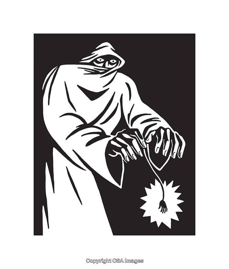 Black and White Illustration of Hooded Figure With Mysterious Glow