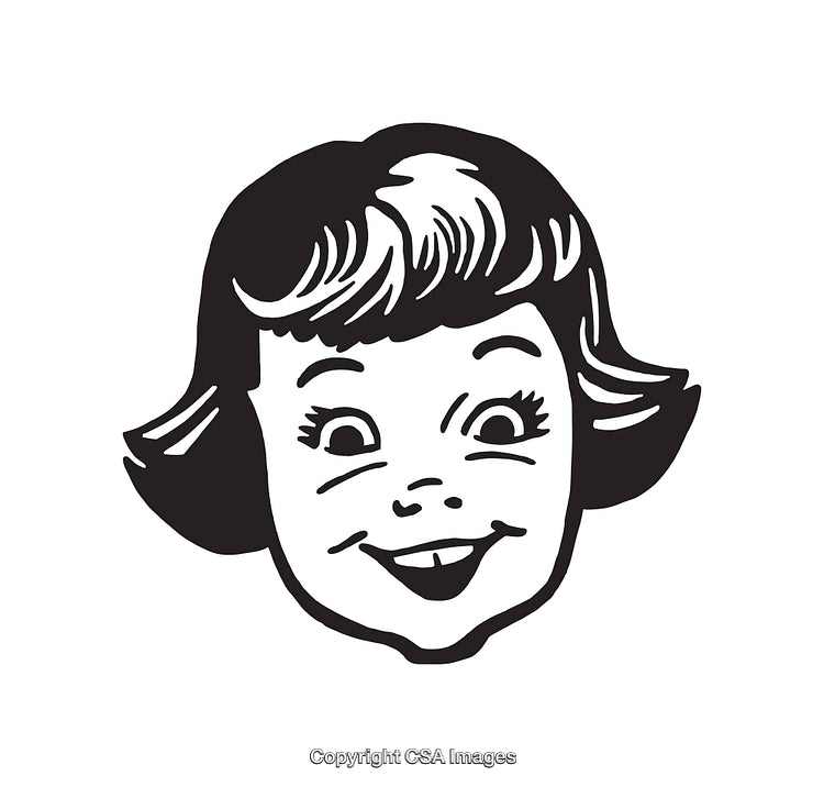 Vintage Line Art of a Happy Smiling Cartoon Girl Face