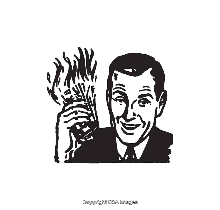 Retro Black and White Line Art of a Smiling Man with Flaming Money