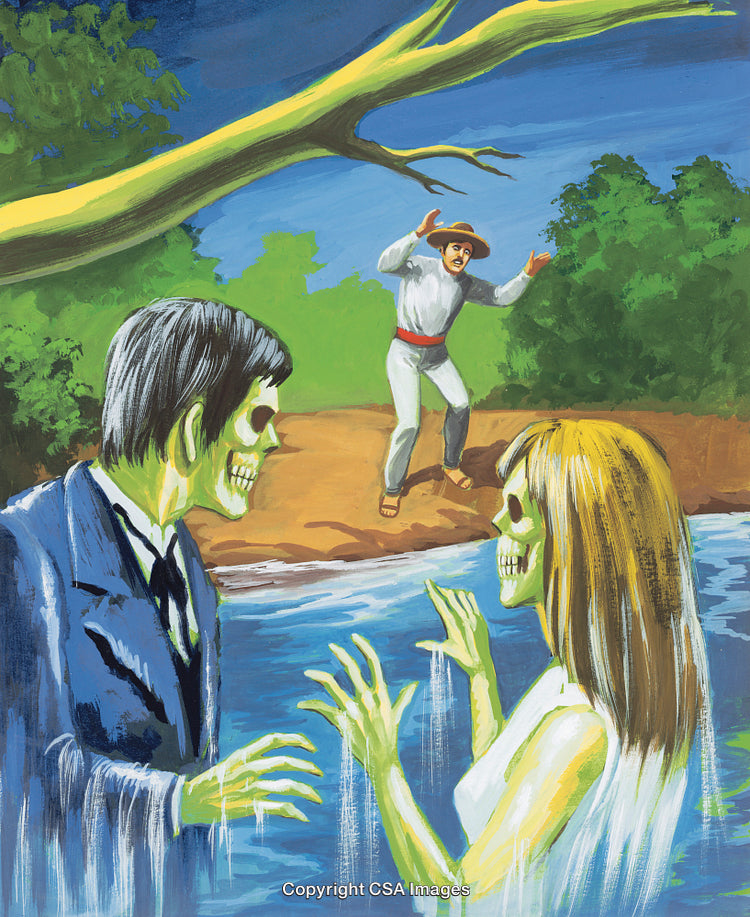 Frightened Man Near a River Confronting Two Ghostly Figures Emerge from Water