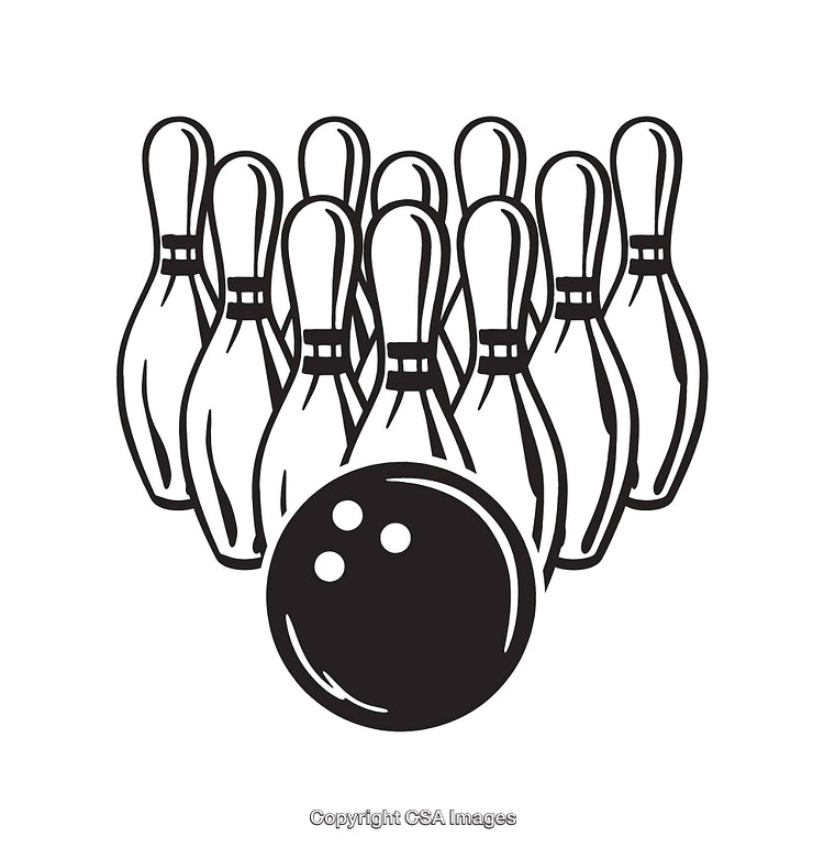 Black and White Line Art of Bowling Ball and Pins