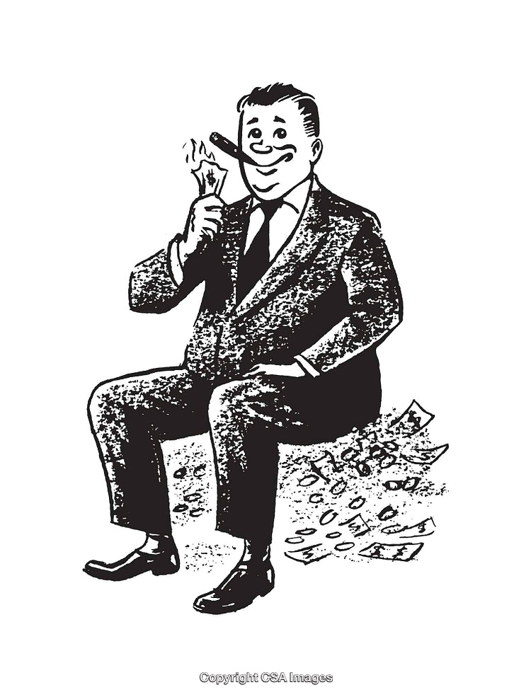 Black and White Illustration of Wealthy Businessman Enjoying Riches