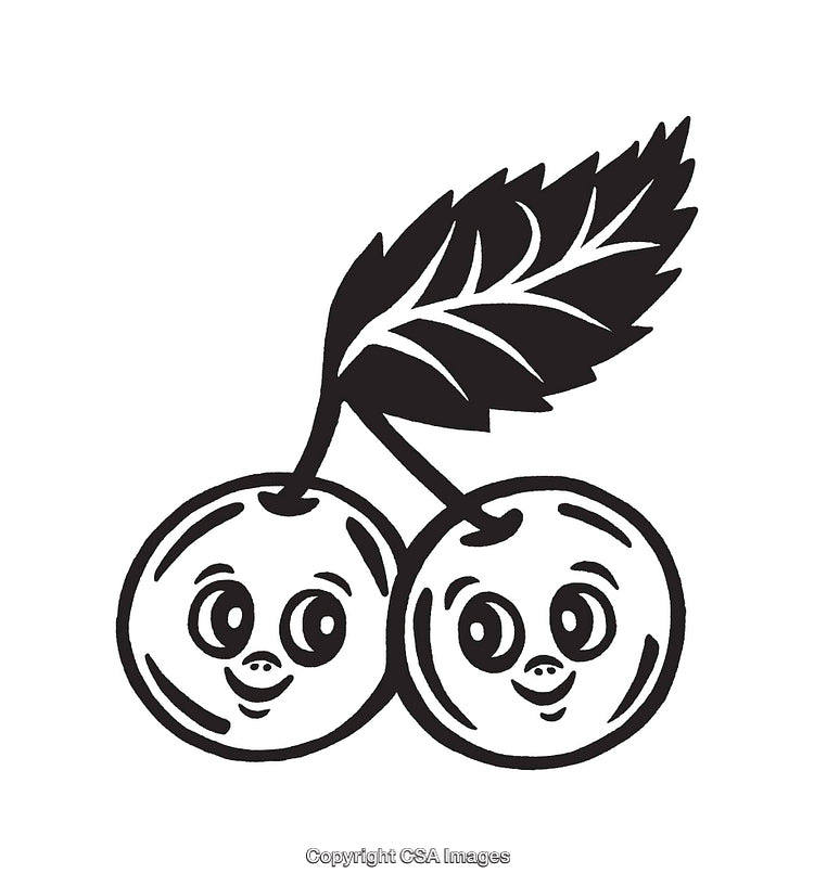 Cute Smiling Cherry Pair Line Art With Leaf Illustration