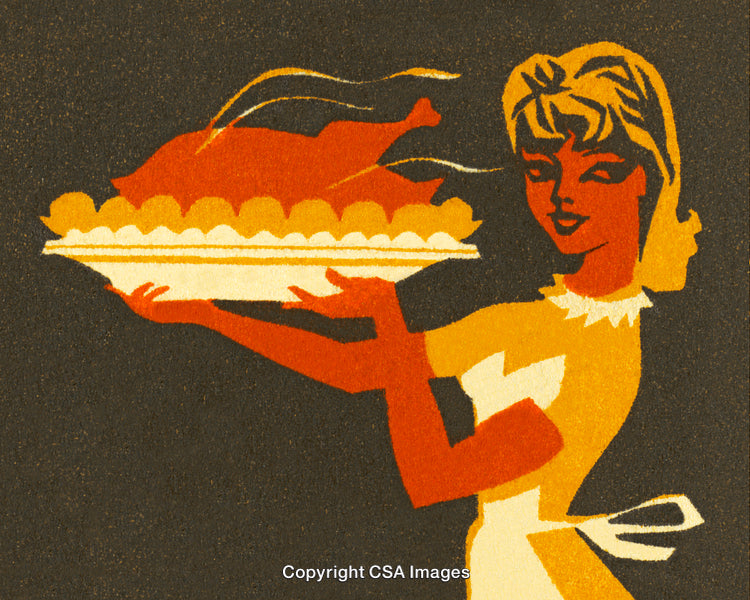 Retro Illustration of a Woman Holding a Steaming Roast Turkey Platter