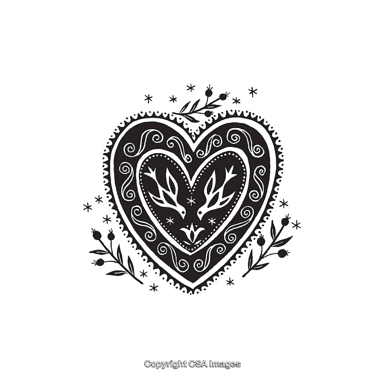 Intricate Black and White Heart Line Art Illustration with Floral Details