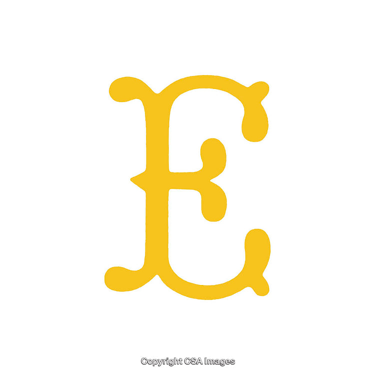 Golden Colored Decorative Letter E with Serif Typeface on White Background
