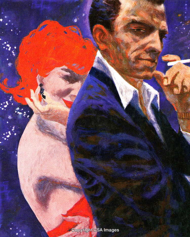 Stylized Depiction of a Man and Woman in a Dramatic Composition
