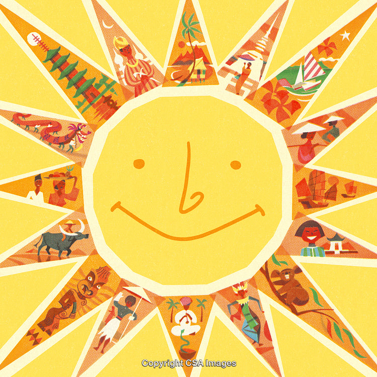 Smiling Sun Surrounded by Vibrant Cultures and Diverse Artistic Representations