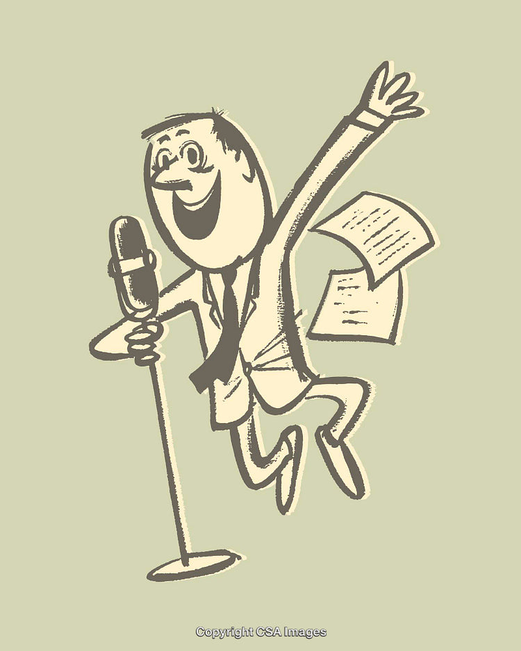 Vintage Style Illustration of a Happy Presenter With Papers and Microphone