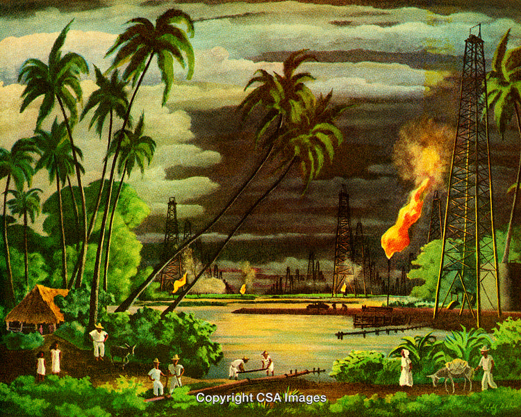 Tropical Landscape With Oil Rigs and Workers in Vibrant Artistic Depiction