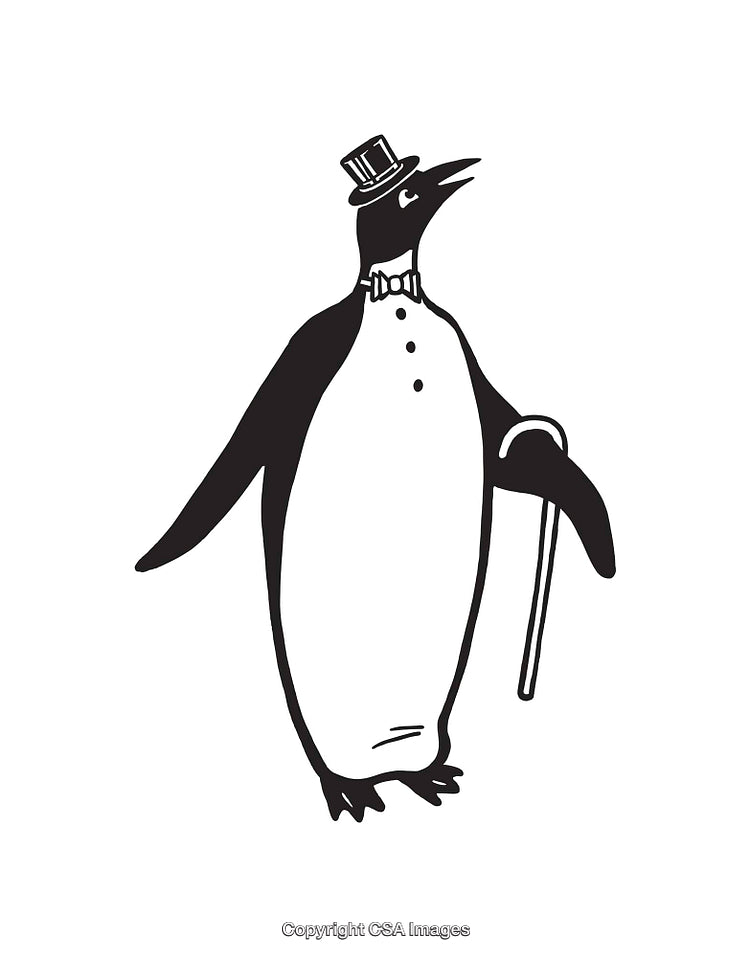 Charming Penguin With Cane and Top Hat in Line Art Style