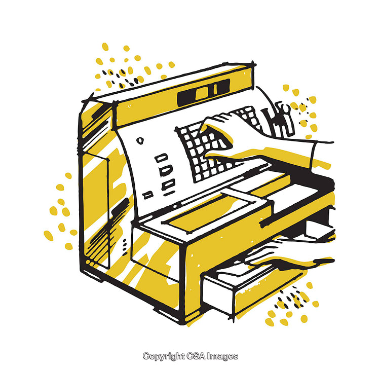 Retro Style Illustration of a Vintage Cash Register in Golden Yellow