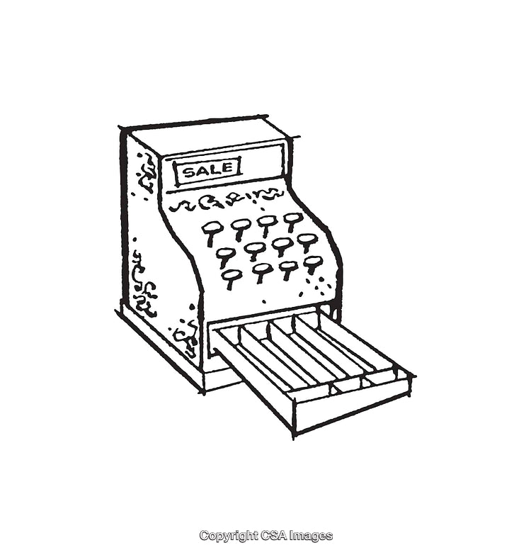 Vintage Black and White Line Art of a Cash Register with Open Drawer