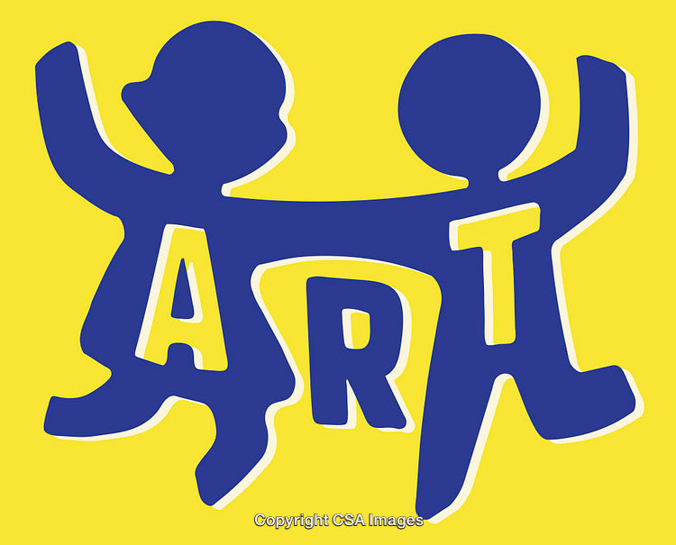 Abstract Blue Figures and Text Illustration on Yellow Background