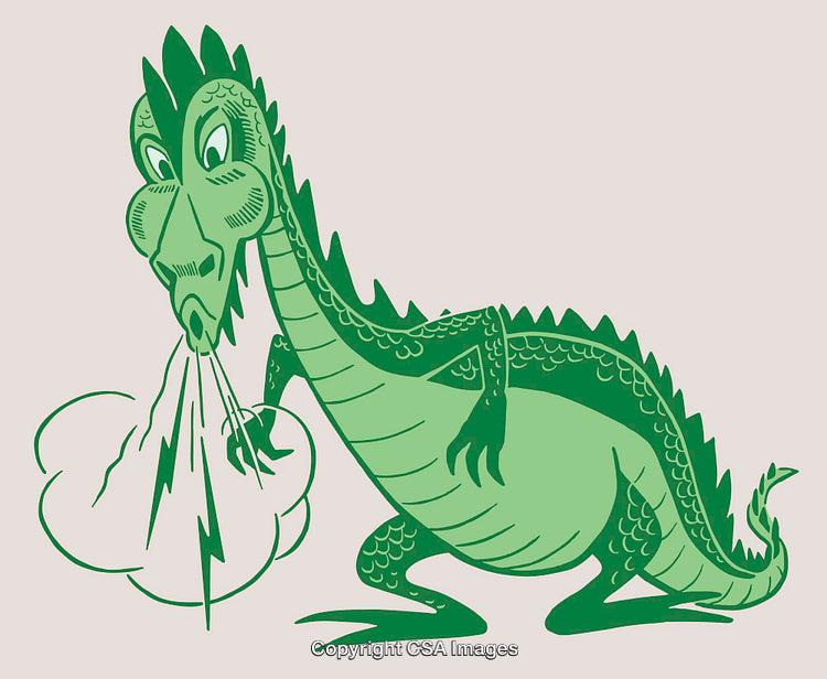 Green Cartoon Dragon Fire-Breathing in Stylized Line Art Illustration