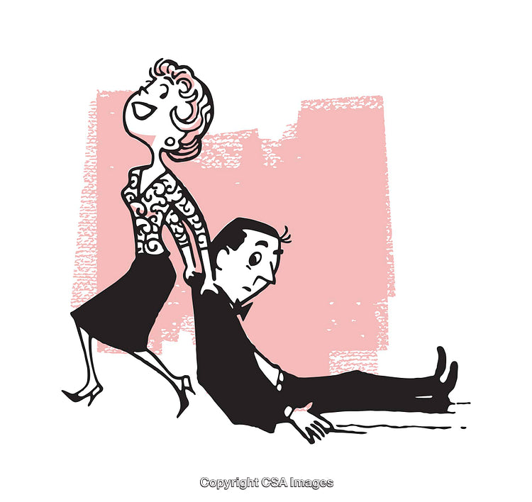 Retro Illustration of a Woman Dragging a Man on a Pink Background