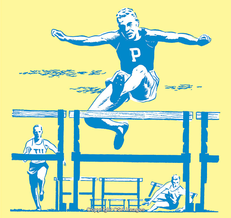 Vintage Illustration of Track Athletes Jumping Hurdles in Dynamic Action