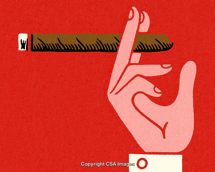 Illustration of a Hand Holding a Lit Cigar on a Red Background