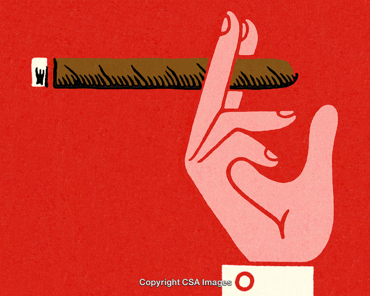 Illustration of a Hand Holding a Lit Cigar on a Red Background