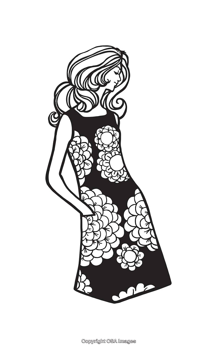 Black and White Line Art Illustration of a Stylish Woman in Floral Dress