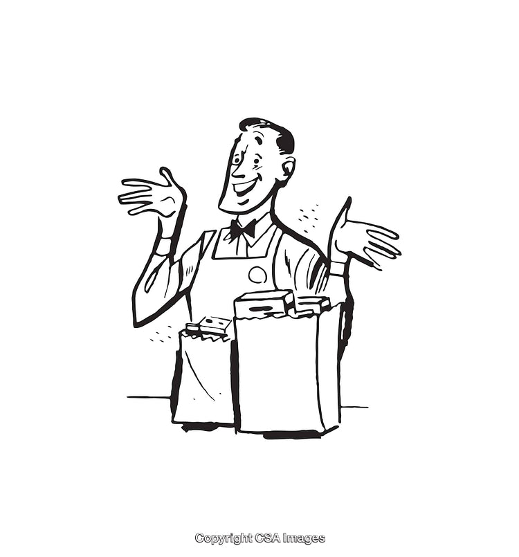 Cheerful Grocery Store Worker Illustrating Service With Shopping Bags