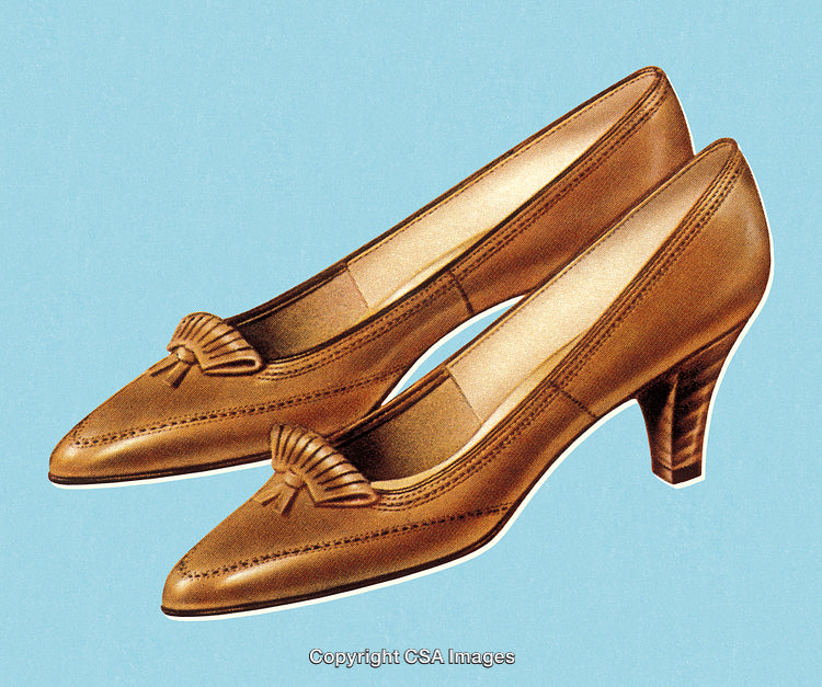 Elegant Brown Leather Heeled Shoes on a Classic Blue Background