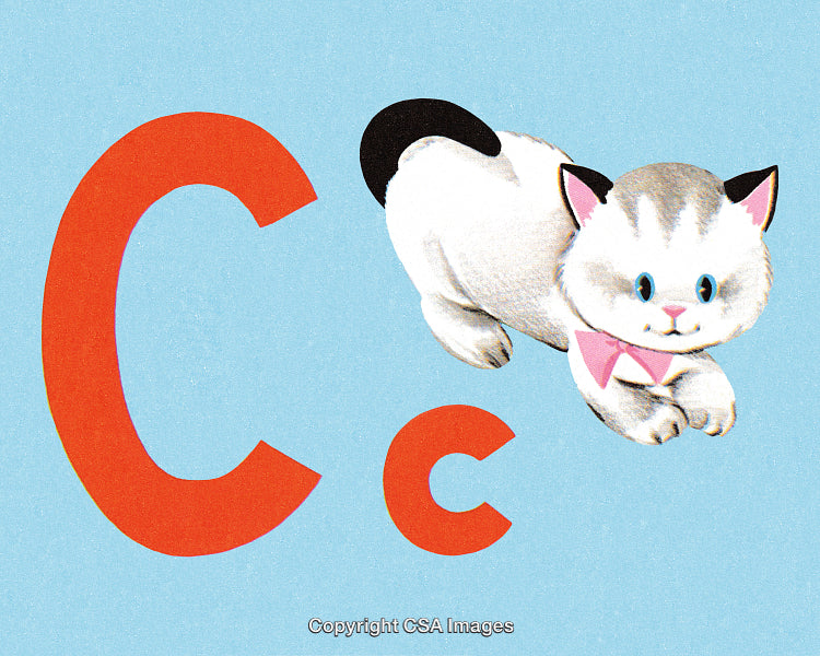 Illustration of a Kitten with Letters C and c on Light Blue Background