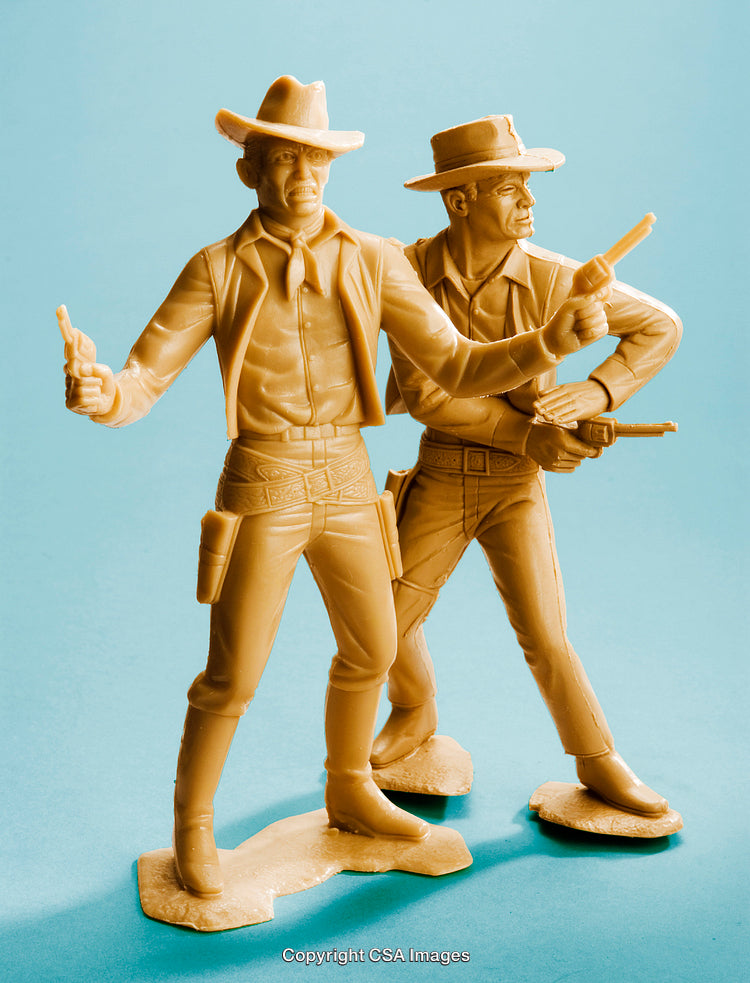 Vintage Western Cowboy Action Figures With Pistols on a Bright Background