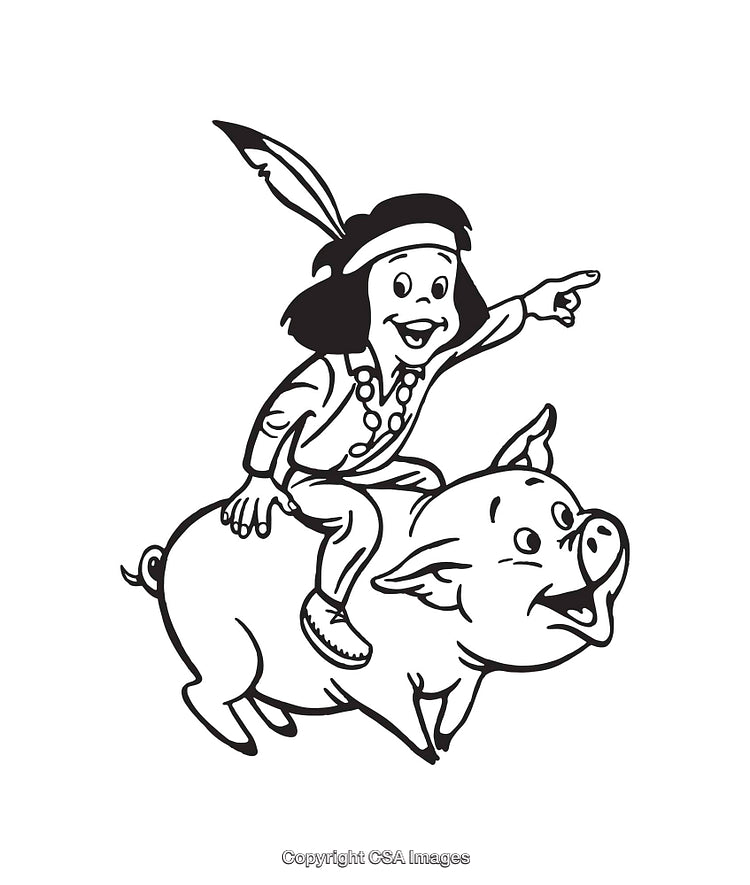 Child Riding a Pig in Black and White Line Art Illustration