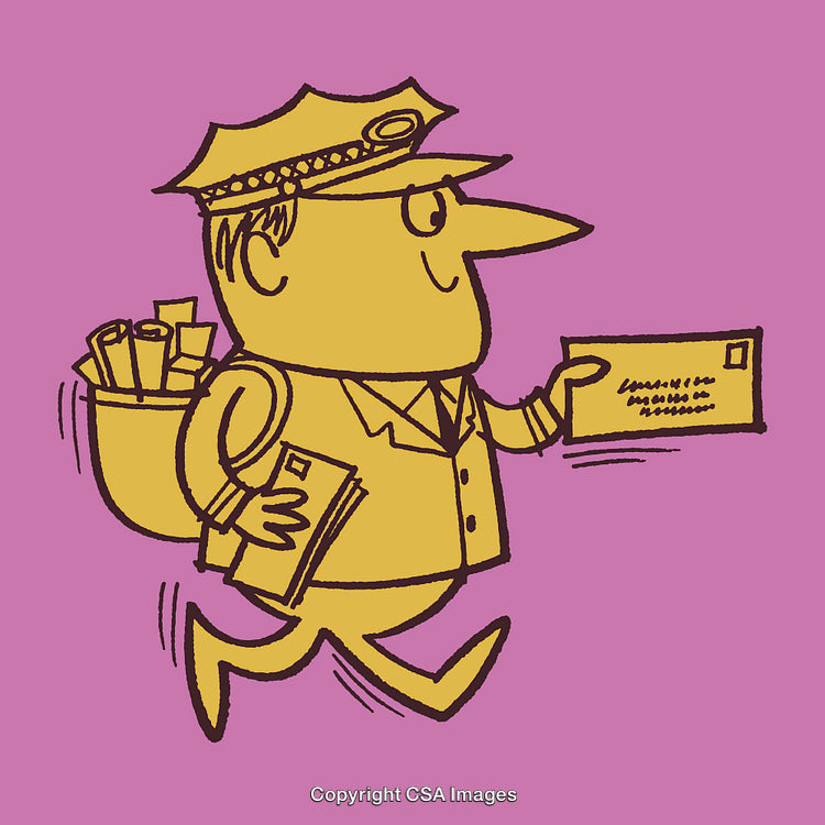 Cartoon Postman Delivering Letters in Vintage Yellow on Pink Background