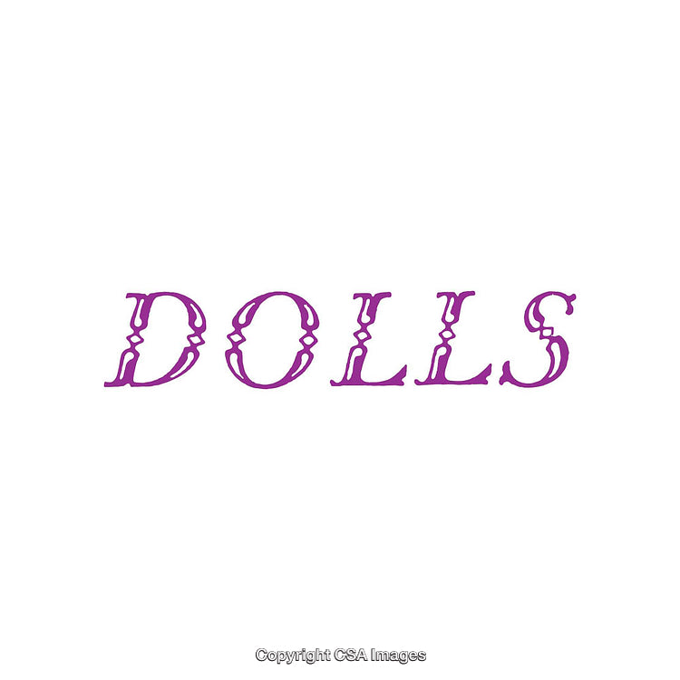 Purple Ornate Font Word Design Highlighting the Term Dolls on White Background