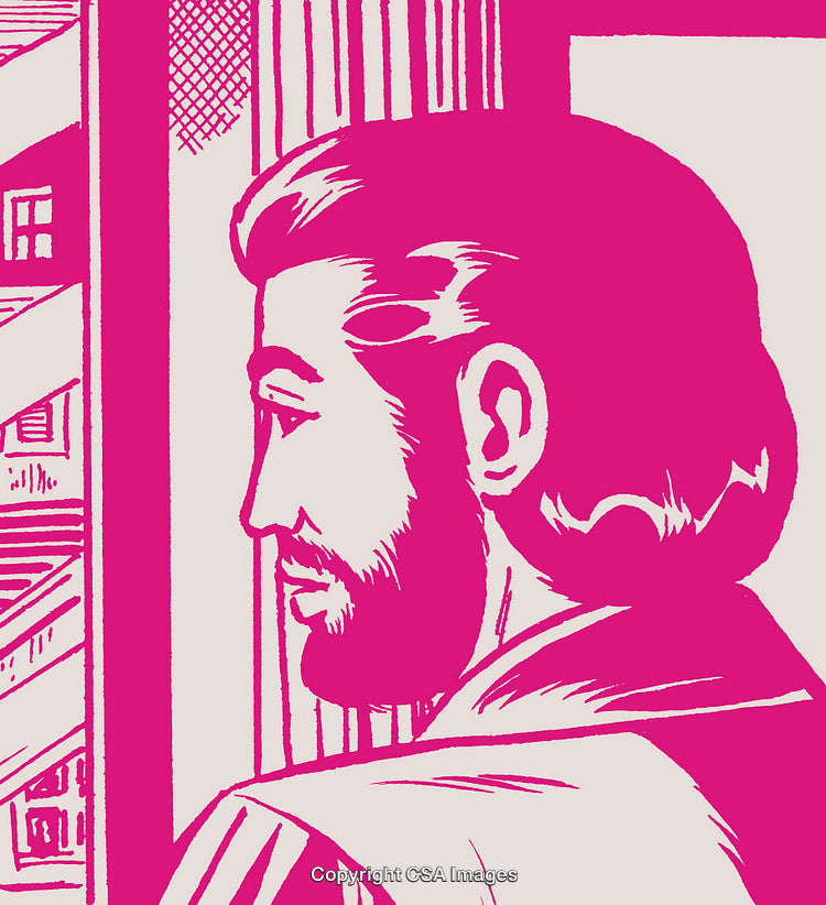 Illustration of a Thoughtful Man Looking Out a Window in Pink Tones