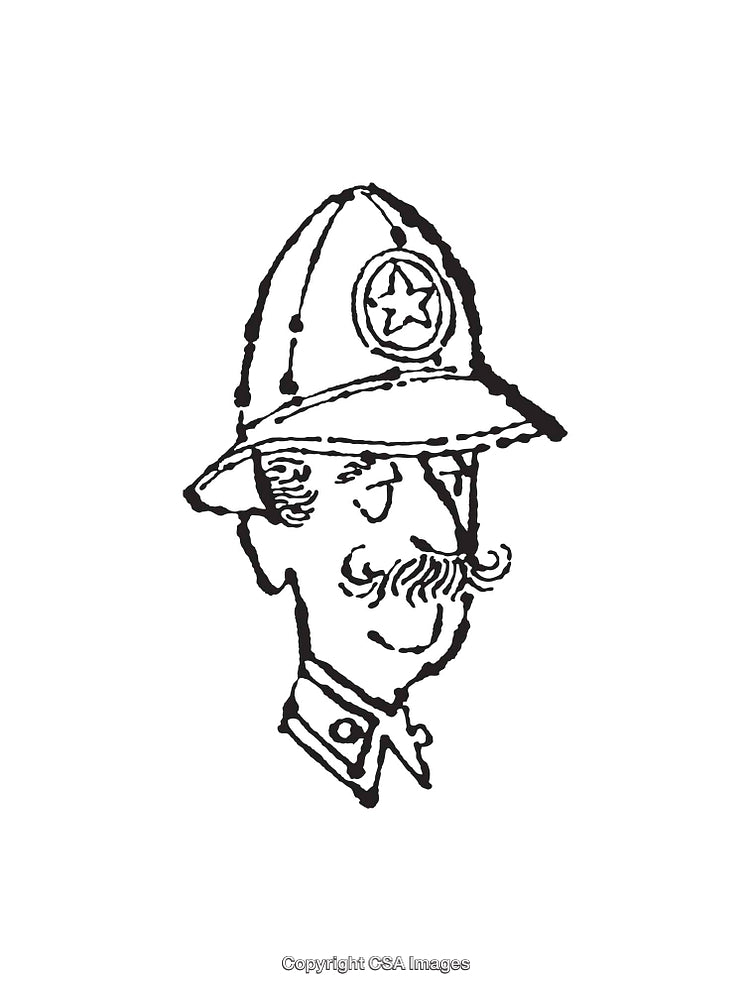 Vintage Black and White Drawing of a Mustached Man in Uniform Hat