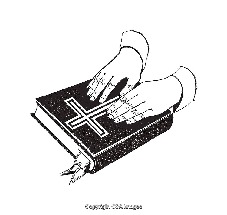 Hands Resting on a Bible, Black and White Line Art Illustration