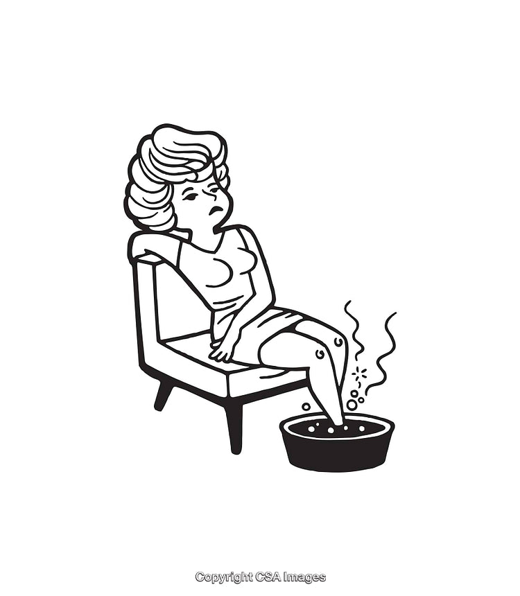Black and White Illustration of a Woman Relaxing With a Foot Soak