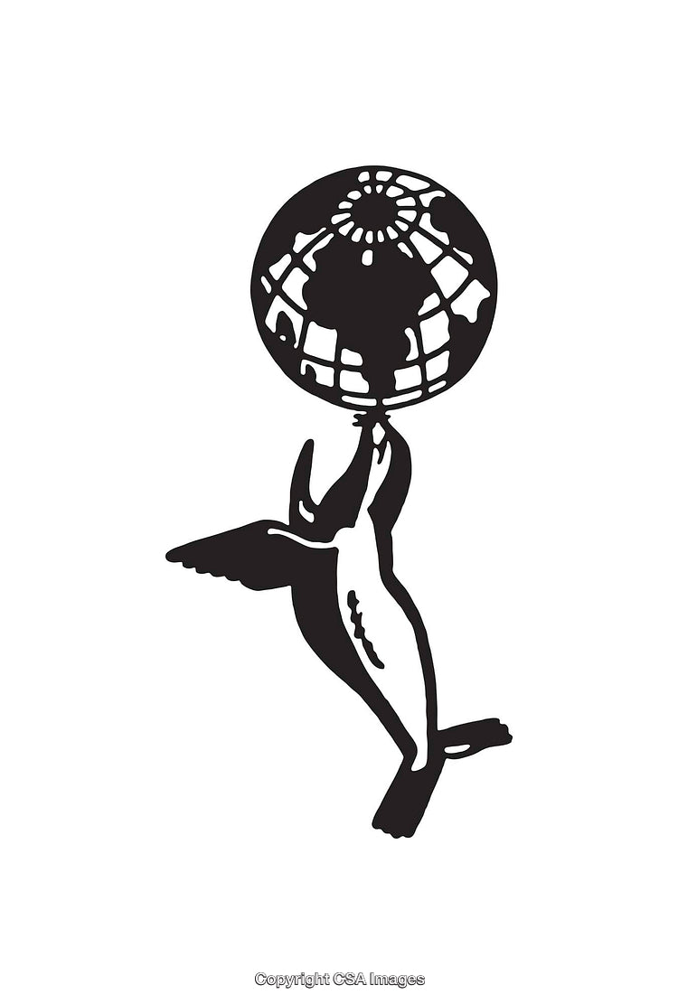 Black and White Illustration of a Seal Balancing a Globe