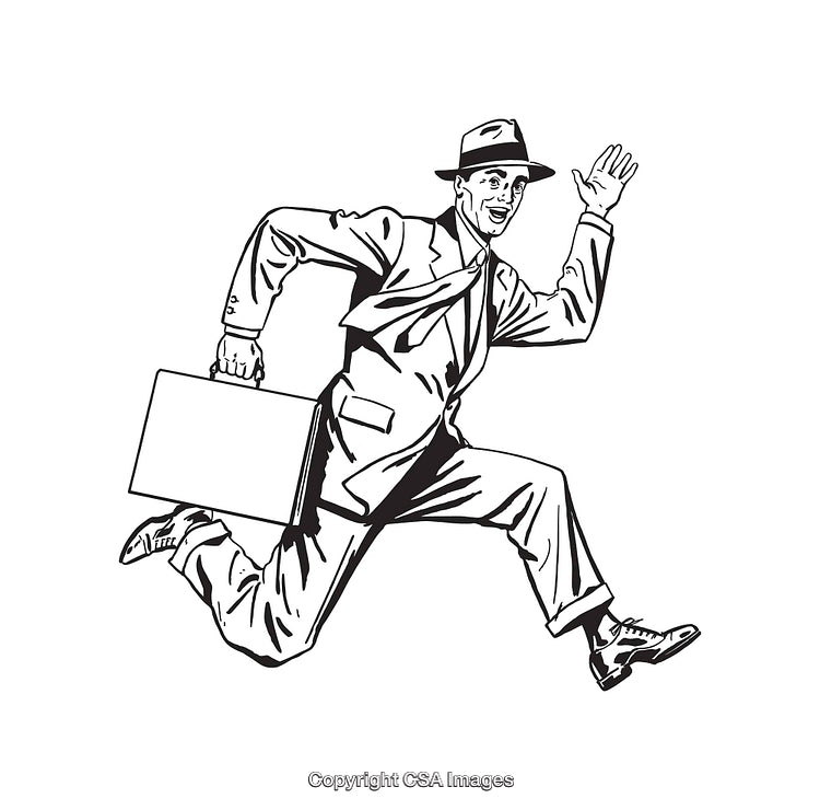 Vintage Businessman Running with Briefcase in Black and White Line Art