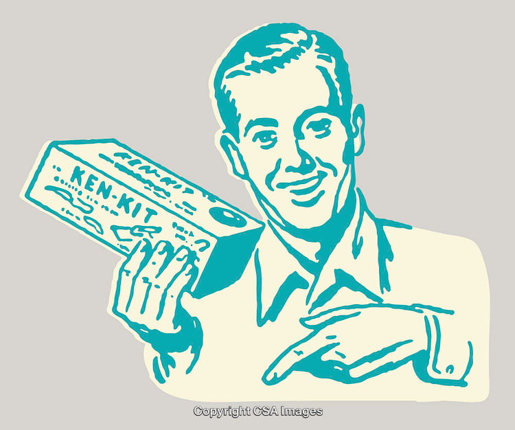 Retro Line Art of Smiling Man Holding a Box Product Advertisement