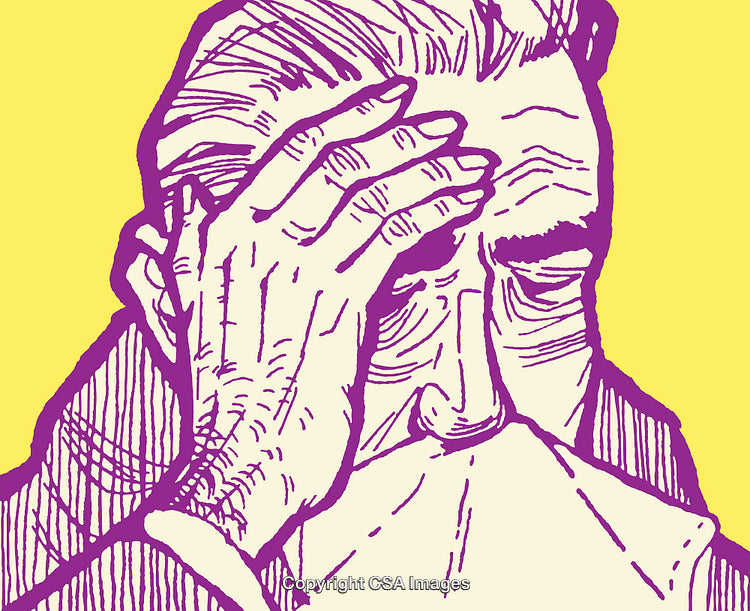 Illustration of a Contemplative Face with Hand on Head in Bold Colors
