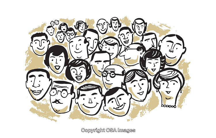 Hand-Drawn Illustration of Diverse Smiling Faces in a Happy Crowd