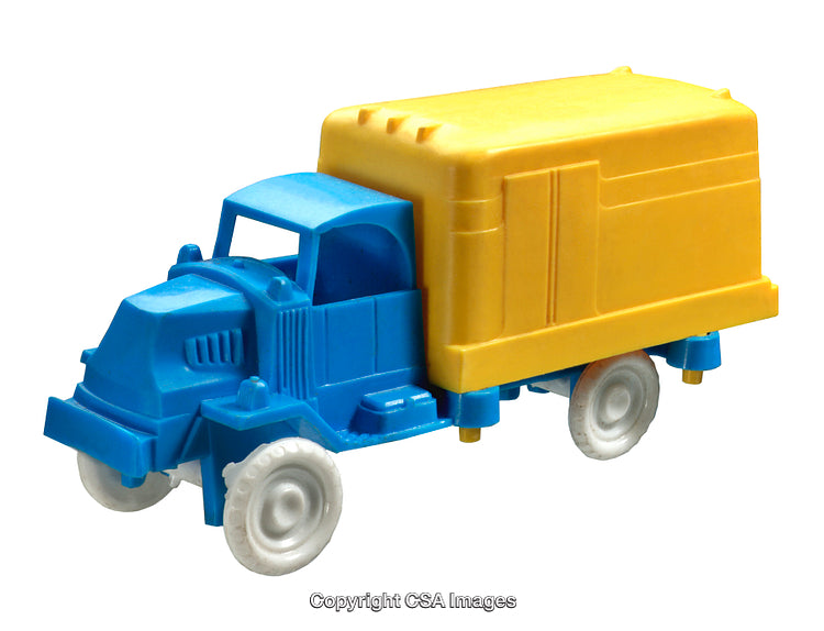 Colorful Blue and Yellow Plastic Toy Truck Isolated on White Background