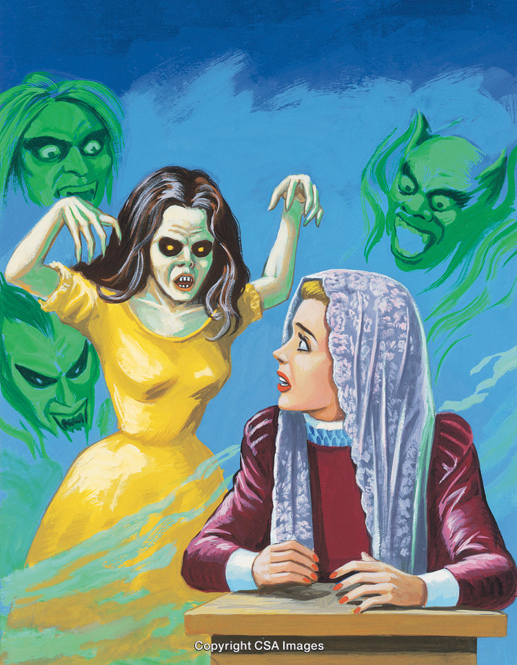 Dramatic Depiction of Haunted Scene with Ghostly Figures and Scared Woman