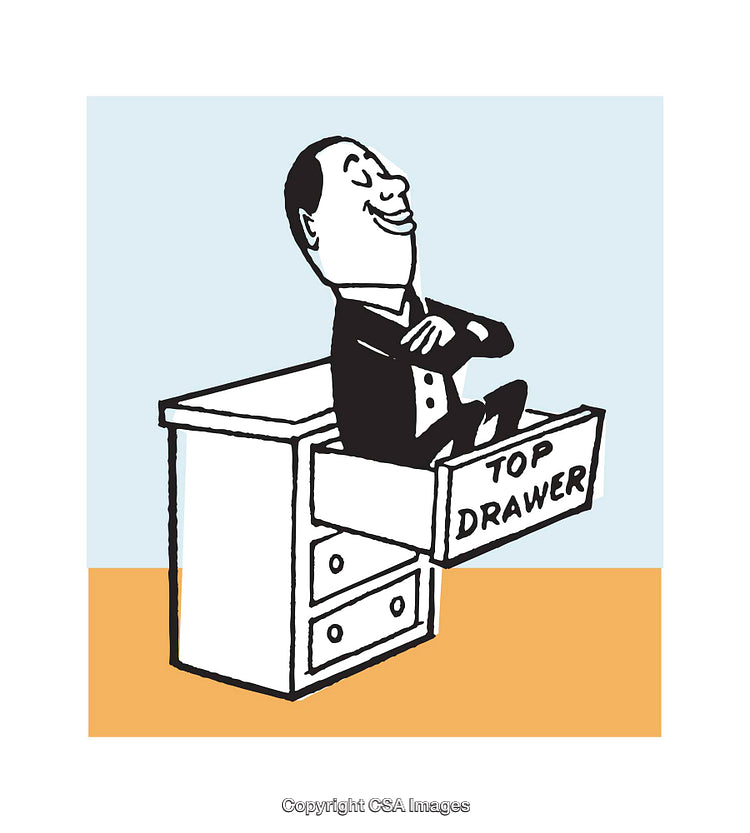 Cartoon Illustration of Man Displaying Confidence in a Desk Drawer