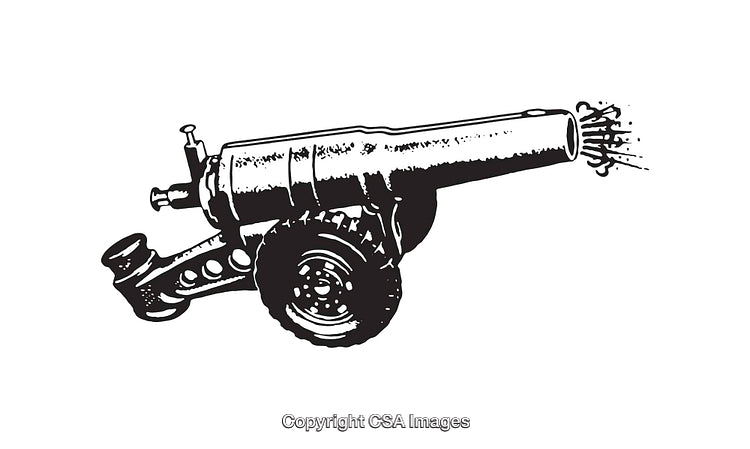Black and White Line Art Illustration of a Cannon with Explosive Details