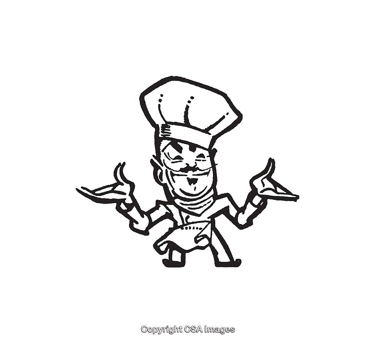 Black And White Illustration of a Happy Chef Holding Food